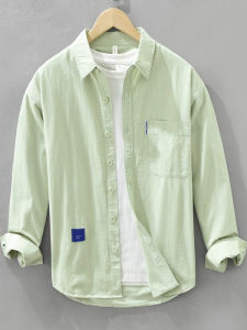 เสื้อเชิ้ตแขนยาวหลวมๆ ทรงสตรีทสไตล์ญี่ปุ่นสำหรับผู้ชาย สีสันสดใส สไตล์ลำลอง เสื้อเชิ้ตคอกลมคอตตอนผสมโพลีเอสเตอร์