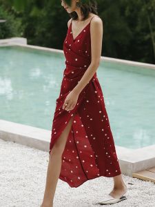 ชุดเดรสยาวคอวีแขนกุดสีแดง ทรงเข้ารูป ทรงเอ สำหรับผู้หญิงในช่วงฤดูร้อน สไตล์วันหยุดชายหาด เสื้อผ้าทำงาน ชุดเดรสยาวปานกลาง