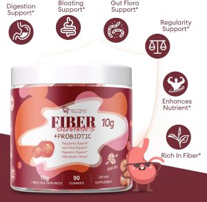 Fiber Gummies with Probiotics10G Fiber per Serving No Sugar Added Apple Flavor with 10 Billion CFU Probiotics Blend Apple Cider Vinegar Vitamin C Inulin Bloating Support