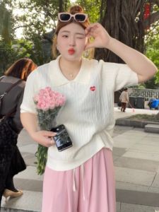 Áo Thun Dệt Kim Rộng Rãi Cổ Bẻ Tay Ngắn Màu Cam Cỡ Lớn Mùa Hè Thời Trang Nữ Áo Thun Polyester Thường Ngày