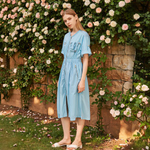 Zipper Front Rolled Sleeves Stretch Waist Dress