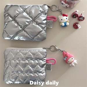 Silver Heart Stitch PU Coin Purse Card Holder Zipper Earphone Casual Crossbody Bag Geometric Pattern Family Storage Bag