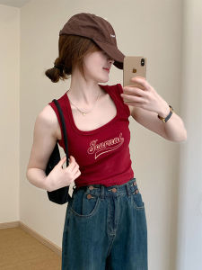 เสื้อกั๊กแขนกุดสีแดงสไตล์อเมริกันสำหรับผู้หญิง ทรงเข้ารูป ใส่ด้านนอกในฤดูร้อน ใส่ด้านใน เสื้อยืดแขนกุด แฟชั่นฤดูร้อน