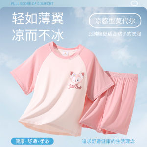 Modal Childrens Sleepwear Short Sleeve Lightweight Summer Home Clothes Set for Girls Breathable Moisture Wicking Cartoon Style