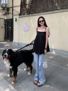 Áo Sơ Mi Không Tay Màu Đen Thiết Kế Dây Đeo Mùa Hè Mới Rộng Rãi Dài Vừa Phải Cho Nữ Áo Sơ Mi Không Tay Thời Trang Công Sở