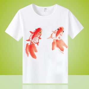 Summer Calligraphy Splash-Ink Chinese Style Landscape Painting Print round Neck Short Sleeve T-Shirt Mens Loose Tops Casual Bottoming Shirt