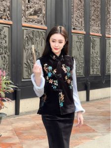 HARSIDE Velvet Jacket Womens Satin Lined Heavy Embroidery Autumn Winter Style Fur Collar Outerwear Base Layer Matching