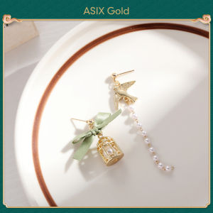ASIX GOLD S925 silver needle asymmetrical green bow pearl birds nest earrings Korea fashion niche design vintage premium womens earrings Commuting to work date stud earrings Not allergenic Wonderful gift