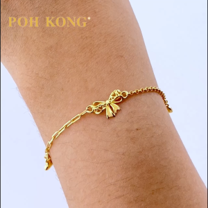 POH KONG 916/22K Yellow Gold Ribbon and Dangling Heart Charm Bracelet