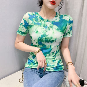 YIMEI Tay Ngắn Cổ Tròn Áo Phông In Hình Cho Nữ Áo Mùa Hè 2023 Mới Lưới Lớn Áo Thun Nữ Ôm Vừa Dáng Ôm Thời Trang