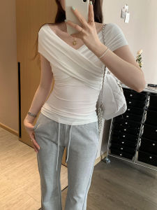 Summer Slim Fit Short Sleeve T-Shirt Womens Hot Girl Cross V-neck One-shoulder Top Korean Style Business Casual Pure Color