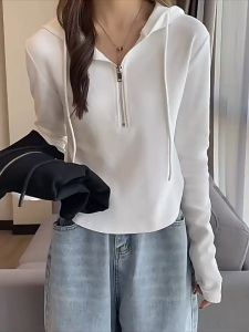 Baru hoodie wanita bagian tipis setengah ritsleting lengan panjang atas - vada colar crope korean style
