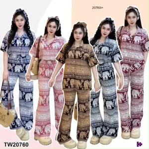 TW20760 Set 3 ชิ้น เสื้อปกฮาวาย + กางเกงขายาว คู่กับสายผูกโบว์ #เซตช้าง