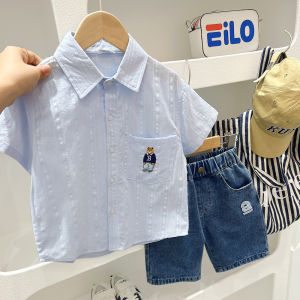 Boys Summer Short Sleeve Striped Shirt Loose Thin Casual Cotton Top for Kids Ages 2-10 Years Old Korean Style Summer Outfit