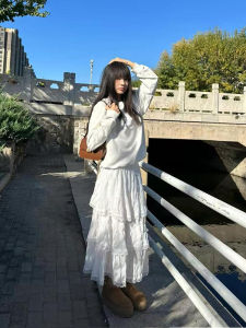 กระโปรงจีบเอวสูงผ้าลูกไม้สีขาว กระโปรงทรงเค้ก กระโปรงสั้นผู้หญิง ชุดทำงานฤดูร้อน สไตล์เกาหลี ทรงหลวม สีพื้น