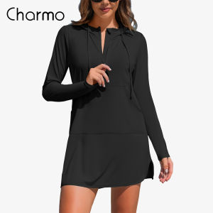 Charmo Womens Rash Guard Shirts Hooded Swim Shirts with Pockets Zipper Swimsuit Cover Up