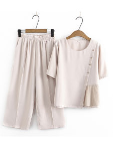 Fashionable Summer Outfit Set for Middle-Aged Women Elegant Short-Sleeve Chiffon T-Shirt Top Thin Summer Clothes round Neck Two-Piece Set