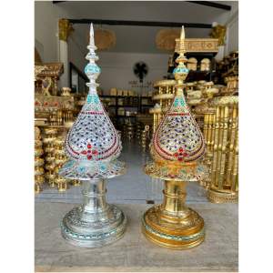 (ตรงปก) พานพุ่มเงิน ทอง (1คู่) พานพุ่มดอกไม้ สูง 60 x กว้าง 20 cm. พานพุ่มไหว้ครู ทำจากไม้จามจุรี ปิดทองเปลว ประดับคริสตัลทั้งชุด งานสวยละเอียด