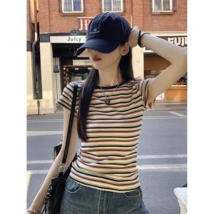 Áo Thun Nữ Tay Ngắn Kẻ Sọc La Chapelle Phong Cách Hàn Quốc Mùa Hè Thường Ngày Cotton 95% Co Giãn 5% Cổ Tròn Dáng Rộng