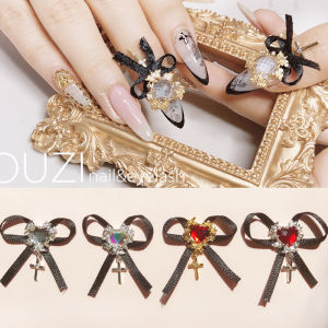 เครื่องประดับจี้เพทายสุดหรูรูปหัวใจติดโบว์ทำเล็บแบบยอดนิยมที่นิยมในโลกออนไลน์จี้ห้อยพู่ห้อยประดับเพชรลูกไม้