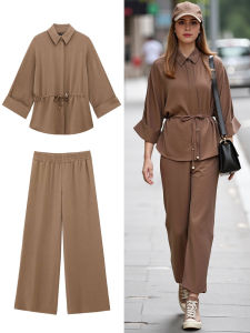 HH Women Kimono Style Blouse Pant Sets Long Sleeve Lace Up Shirt Loose Casual Elastic Waist Trousers Spring Lady Outfit