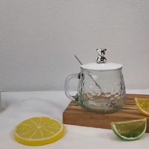 แก้วน้ำ แก้วมีฝาปิด ขนาด 300ML. แก้วใส + ฝาปิด + ช้อน แก้วน่ารัก แก้วหมี ของขวัญวันเกิด