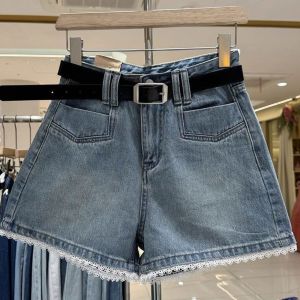 Quần Short Denim Ren Cạp Cao Cho Nữ Mùa Hè Phong Cách Mới Cỡ Lớn Quần Ống Rộng Chữ a Giúp Thon Gọn
