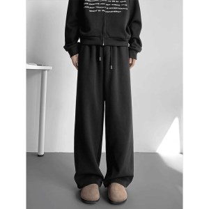 Large Size Grey White Floral Fleece Lined Loose Casual Straight Leg Pants Mens Autumn Winter Wide Leg Trousers