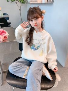 Girls Long Sleeve Fleece Lined Hoodie Spring Autumn Winter Chinese Style Childrens Clothing Big Kids Spring Top