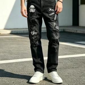 Vintage Fashion Y2k Mens Black Skull Jeans High Waist Slim Fit Ripped High Street Straight Small Feet Trousers Versatile