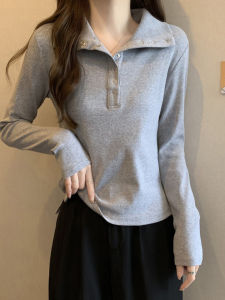 Slimming Long Sleeve Base Shirt Womens Polo Top Cover Stomach Flattering Korean Style Loose Fit Solid Color Commute Fashion