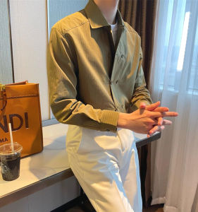 American-Style Double-Breasted Stylish Dark Striped Shirt Mens Fancy Loose Long Sleeves Non-Ironing Cool Suit Shirt Fashion