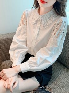 Ladies Pure Cotton Long Sleeve Embroidered Shirt Casual Slimming Style Korean Version Commute Fashion Button Design Lantern Sleeve