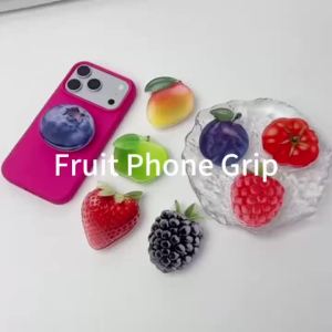 Strawberry Acrylic Phone Stand Foldable Fruit Shaped Socket Phone Holder Handheld Mobile Phone Grip for iPhone 17 Pro Max