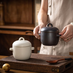 Household Small Size Ceramic Stew Birds Nest Water-Proof Stew Pot with Lid Japanese Style Retro Soup Pot B & B Hotel Stoneware Soup Pot