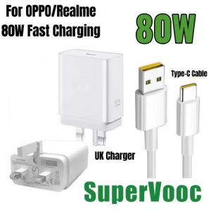 For OPPO/Realme 80W Supervooc Fast Charger Adapter UK Plug Type-C Cable Flash Charge For OPPO Find X8 Reno 12 13 A5 Plus A6 Pro A5x A3x Realme 13 11 Pro C73 C71 C11 C21 GT 6T GT Neo6 SE V11