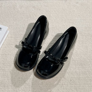 Mary Jane Womens High Heels Spring 2025 New Black Patent Leather round Head Small Leather Shoes Mid-Cut Thick Heel Single Shoes