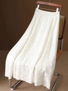 Elegant A-Line Mini Skirt Embroidered Knitted High Waist Slim Fit Long Skirt Spring New Style Gentle Flower Design Polyester Blend