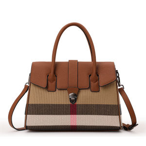 Aidrani | Canvas and Cowhide Leather Women Satchel Bag Plaid Stripe Handbag with Push Lock Multi-Pocket Shoulder Purse for Travel