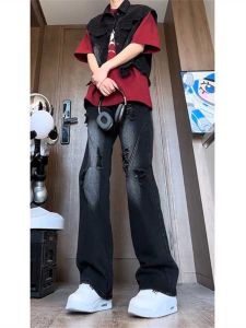 Black Hole Ripped Jeans Mens Slimming Long Pants American High Street Style Leg Lengthening Design Straight Leg Jeans