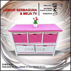 LEMARI RAK ROTAN SINTETIS  RAK 5 KOTAK LACI SUSUN ATAS SAMPING Murah / Buffet Rattan 2 Susun Samping / Meja Tempat TV dan DVD Rottan Minimalis P 88 X L37 X T 63 / Lemari Antik Serbaguna Modern Klasik Tradisional Model Terbaru 2022