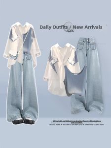 NUMEN BUTTON | Casual Stylish Big Size Womens Set Shirt Tank Top Wide Leg Jeans