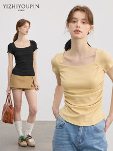 Summer New Womens Short Sleeve T-Shirt Square Collar Waist Cinching Design Slimming Short Length Casual Style Top