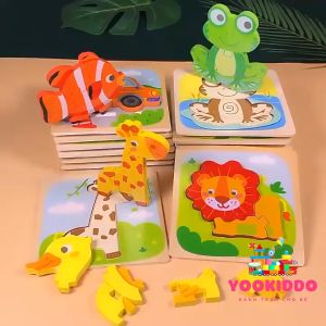 Đồ chơi ghép hình gỗ nổi 3D hình động vật dễ thương 15X15cm - Tranh xếp hình Puzzle Montessori lắp ghép thông minh