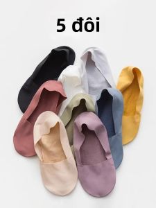 Bộ 5 Đôi Tất Nữ Vô Hình Thấp Cắt Cổ Tất Thoáng Khí Silicon Chống Trơn Trượt Đáy Thoải Mái Polyester Đan Mút Dép Đi Trong Nhà