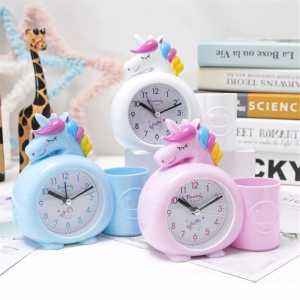 Jam Weker Meja/Jam Alarm Beker/Alarm Clock Kado Unik Lucu Motif Unicorn Plus Tempat Pensil Pulpen