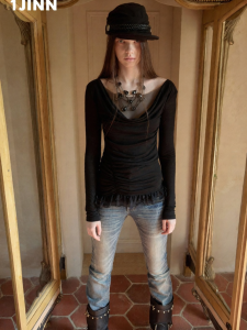 1JINN STUDIO | Retro Draped Lace Double Layered Slim Fit Top