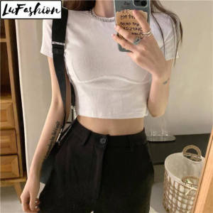 Crop Tops for Women Korean Style Summer Slim Cotton Short Sleeve Casual T-Shirts