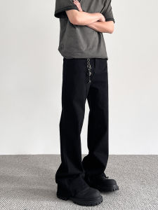 APUEE American High Street Cleanfit สีทึบ สีดำ กางเกงลำลอง ชายเสื้อตรง พรางหุ่น Micro Flared Vibe Style Mens กางเกงยีนส์