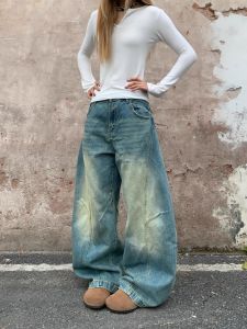 Low Waist Wide Leg Jeans Womens Loose Fit Slimming Denim Pants American Retro Washed 3D Cutting Knife Edge Casual Trousers